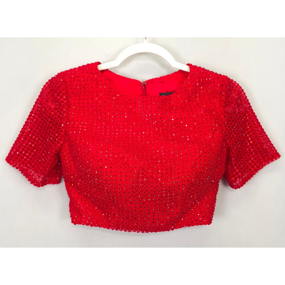 Dave & Johnny Red Allover Beaded Crop Top Size 0 Short Sleeve Lined Party Formal